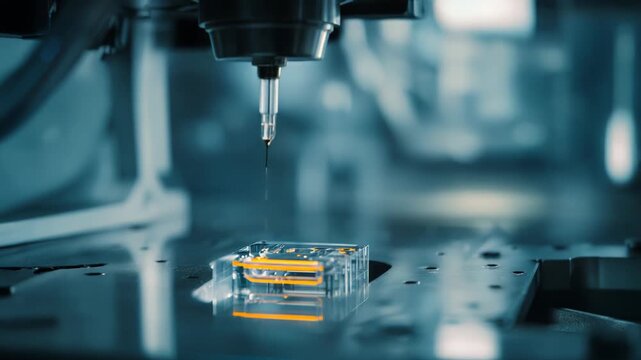 Advanced bioprinter precisely depositing cells and biomaterials onto a transparent microfluidic system, driving innovation in biomedical engineering, research, and scientific development