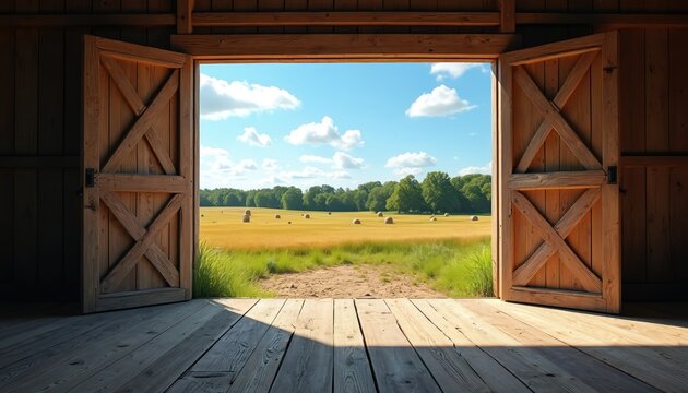 View from wooden barn interior through open doors to hay field. Sunny day with blue sky and clouds. Trees on horizon. Rural landscape with round hay bales.