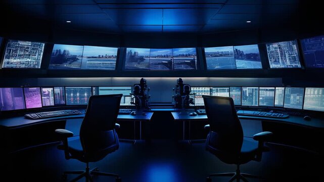 Control room with blue lighting featuring multiple surveillance screens displaying various data and urban landscapes, overseeing operations and ensuring security