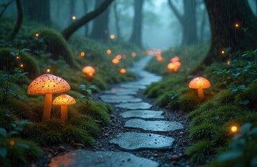 Naklejka premium Enchanted forest path illuminated by glowing mushrooms and fairy lights. A surreal, misty woodland scene at night, with rain falling gently on mossy ground.