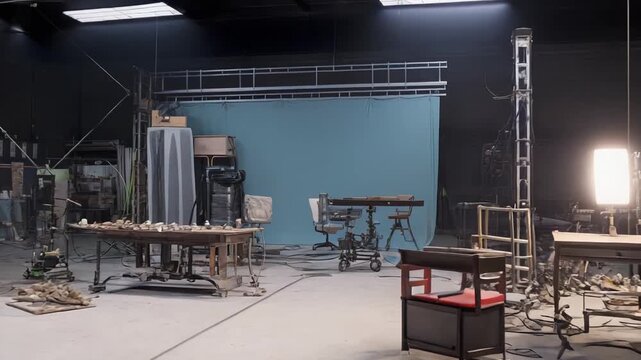 Empty film production studio with lighting, backdrops, camera gear and cables on a concrete floor, ready for set design, pre production and creative filming projects