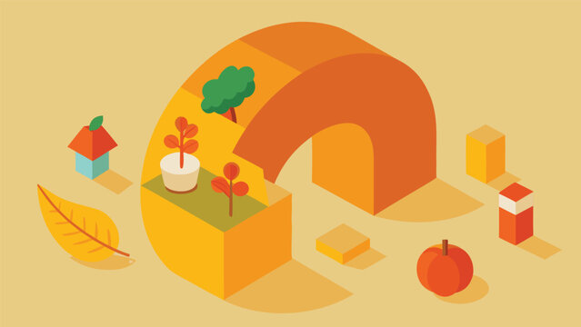 Vector art of isometric autumn composition with pumpkin arch, house, tree, plants, apple, and leaf on a beige background for a cozy fall season
