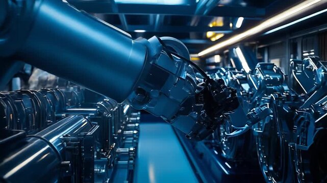 Futuristic manufacturing facility featuring rows of robotic arms and complex machinery meticulously working on assembly lines. Creating cutting edge industrial products with high precision engineering