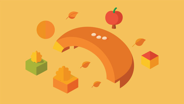 Vector art of isometric autumn composition with pumpkin arch, apple, leaves, and cubes on a beige background for a cozy fall season