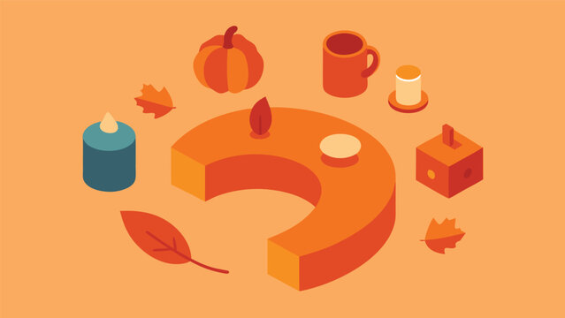 Vector art of isometric autumn composition with pumpkin arch, pumpkin, cup, candle, and leaves on a beige background for a cozy fall season
