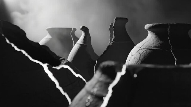 Dramatic black and white close up of cracked pottery with spotlight and smoke evoking mystery and art