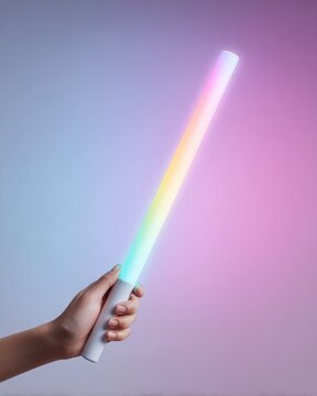 Hand holding multicolor LED light wand with rainbow glow on soft pink and blue studio background