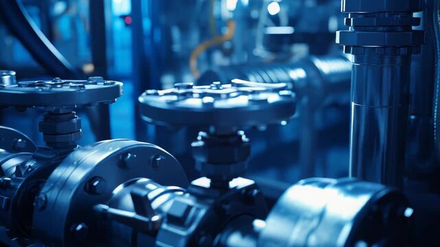 Industrial pipe system featuring blue hued steel valves and connection flanges, essential components for controlling the flow of liquids or gases in factory automation and manufacturing plants