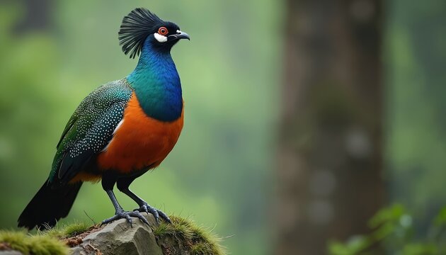 Colorful Himalayan Monal bird with detailed feathers stands on mossy rock in a lush forest. Its vibrant plumage shines with blue green and orange hues.