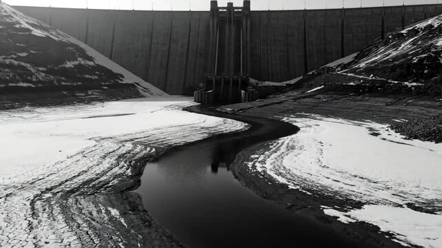 Monochrome aerial view of a dramatic dam structure with dried landscape and a meandering river flowing through.
