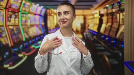 Fototapeta premium Woman doctor touches stethoscope and chest while pointing finger amid slot machines in casino; playful contrast.