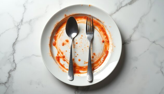 Dirty plate with spoon and fork after meal. Tomato sauce remnants on white dish. Food finished, surface clean. White marble table background.