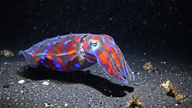 Mesmerizing close-up of a colorful iridescent cuttlefish resting on the dark ocean floor, displaying vibrant patterns.