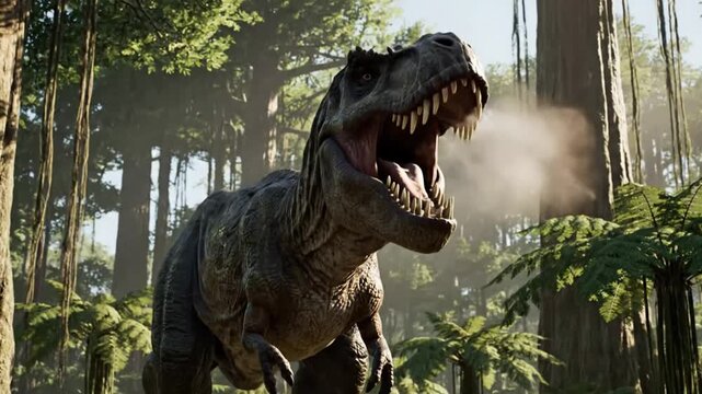 Epic CGI Tyrannosaurus Rex Roaring in a Dense Lush Green Prehistoric Jungle Environment