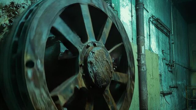 Heavily rusted large industrial wheel and machinery in a neglected and dark power plant, highlighting a scene of urban decay, industrial decline, and forgotten architecture