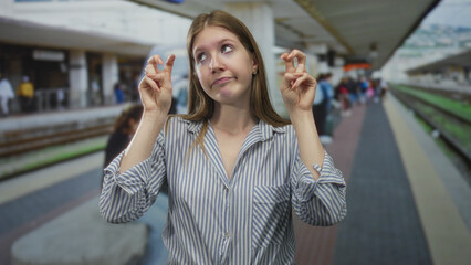 Fototapeta premium Woman showing air quotes with both hands and neutral expression on railway platform at busy train station; skepticism.