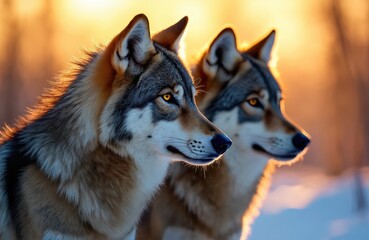 Fototapeta premium Two wolves stand alert in golden dawn light. Their amber eyes watch the winter landscape. Fur glows, frost sparkles on snow covered ground. Wild canines face cold morning.