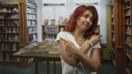 Woman crossing arms and pointing index fingers to opposite sides in a library building with bookshelves visible  indecision dilemma. © Krakenimages.com