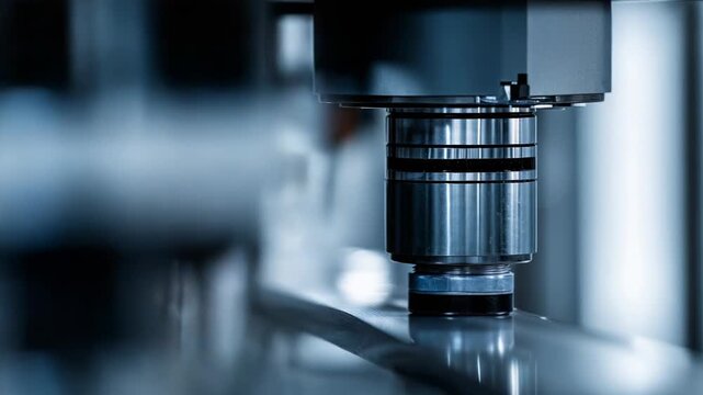 Scientific instrument performing a precise material testing procedure. Examining a metallic surface with advanced technology and industrial automation to ensure quality control and research integrity