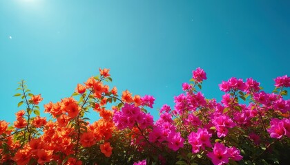 Obraz premium Bright pink and orange bougainvillea flowers bloom vividly against a clear blue sky. Lush green leaves frame the vibrant petals. Floral bush under sunny day. Summer nature scene.