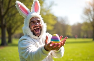 Fototapeta premium Man in fluffy white bunny costume holds striped Easter egg in sunny park. Male wears bunny ears and suit, laughs joyfully outdoors. Spring holiday celebration with painted egg.