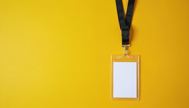 Blank identification badge on black lanyard. Clear plastic holder with white paper insert hangs against bright yellow background. Use for access pass, ID card, security token, branding.