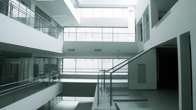 Bright spacious multi story atrium interior showcasing modern minimalist architecture with glass walls, large windows, sleek metal railings and clean geometric lines, empty and bright