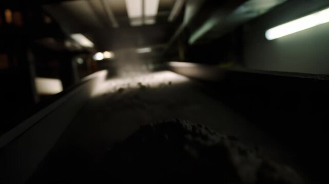 Mineral powder flowing on an industrial conveyor belt in a factory, close up of bulk material handling and automated processing for manufacturing, quality control and logistics