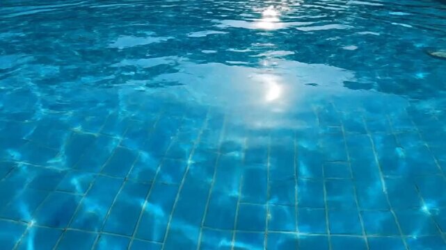 Tranquil view of sunlight reflecting on the surface of blue swimming pool water with tiled bottom