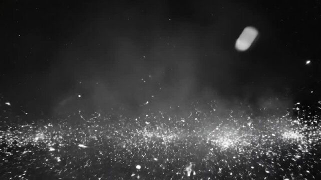 Abstract slow motion sparkling white glitter particles explode from black surface against a dark background.