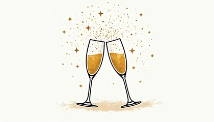 Fototapeta premium Two champagne glasses clink together. Golden bubbles and stars fly up from the rim. Festive background for celebration events like New Year or wedding party.