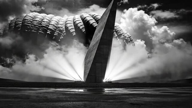 Epic and eerie black and white landscape of a colossal structure with radiating light beams and surreal cloud formation.