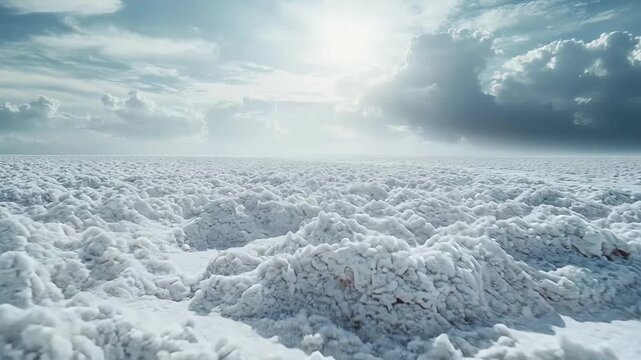 Salt crystals form an intricate, textured landscape stretching to the horizon, reflecting the soft light of a bright sky with dramatic clouds creating a sense of natural grandeur and desolation