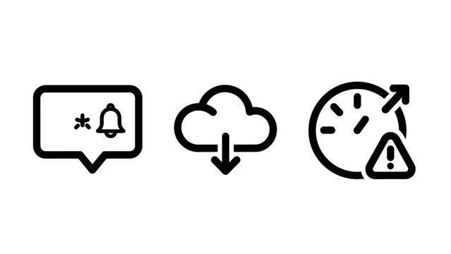 Abstract icons: notification bell, cloud download, and warning sign on clock. alerts, data storage, and time management concepts