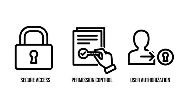 Secure access padlock, permission control key, and user authorization icons