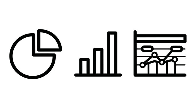 Data analysis icons: pie chart, bar graph, line chart - business infographic symbols