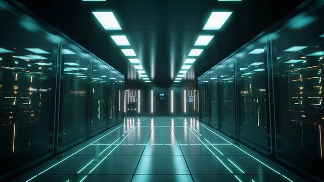 Data center hallway featuring rows of glowing server racks and advanced network infrastructure, symbolizing global connectivity, information processing, and secure cloud computing capabilities