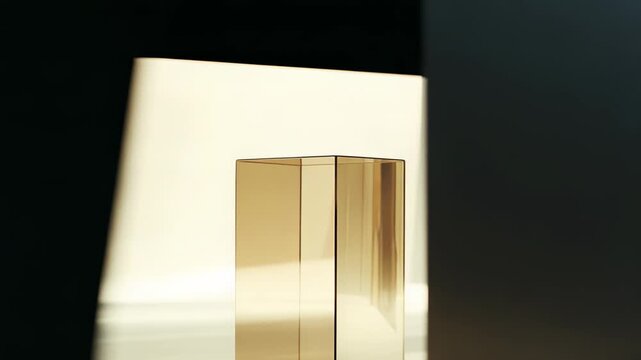 Minimalist golden rectangular prism standing on a surface, catching and reflecting warm sunlight, creating contrasting light and shadow patterns on the surrounding wall and floor