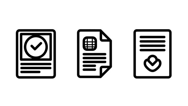 Document verification and compliance icons: approved paperwork, spreadsheet reports, and officially certified forms