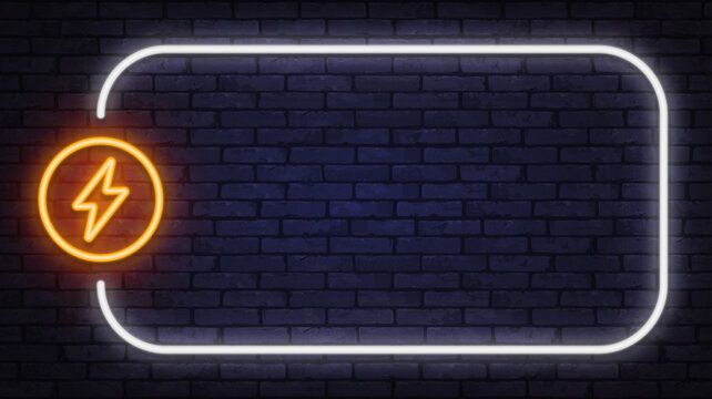 Neon electric lightning icon inside a glowing circle with large light frame. Bright energy symbol on dark brick wall background with copy space.