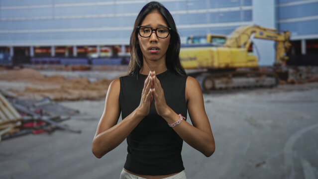 Thai woman with hands pressed together in prayer beside an excavator at a building construction site; plea hope.