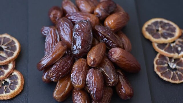 Dried dates on a ceramic plate for Ramadan or Iftar. Dried dates as a food background for your design