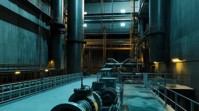 Industrial facility interior featuring heavy machinery, large pipes, platforms, and dimly lit corridors, highlighting a dark and powerful atmosphere of production processes