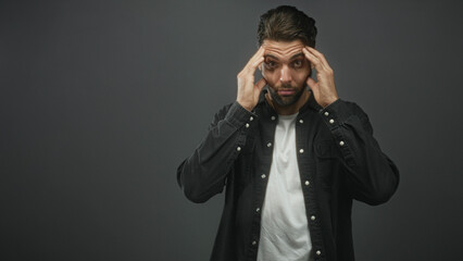Obraz premium Hispanic man with beard presses temples with both hands, fingers on forehead, wearing white tee and black shirt against plain grey studio backdrop; stress concern.