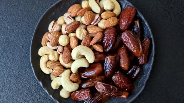 Dried dates on a ceramic plate for Ramadan or Iftar. Dried dates as a food background for your design