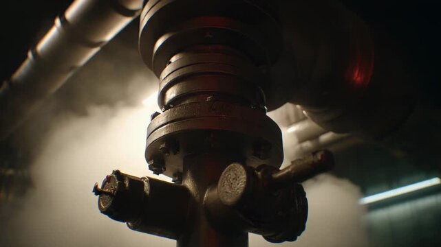 Industrial pipe valve releasing hot steam vapor into a dark, gritty boiler room, contrasting light streams through the machinery creating an atmospheric mood