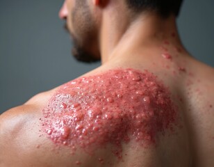 Fototapeta premium Man has shingles rash on his shoulder with red blisters and inflammation. Medical condition affects skin causing pain and discomfort. Dermatology and healthcare concept.