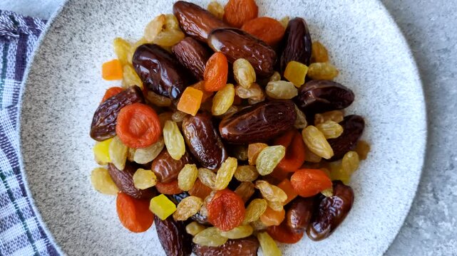 Dried apricots, raisins, and candied fruits as ingredients for baked goods and sweets. Dried fruits as a food background for your design