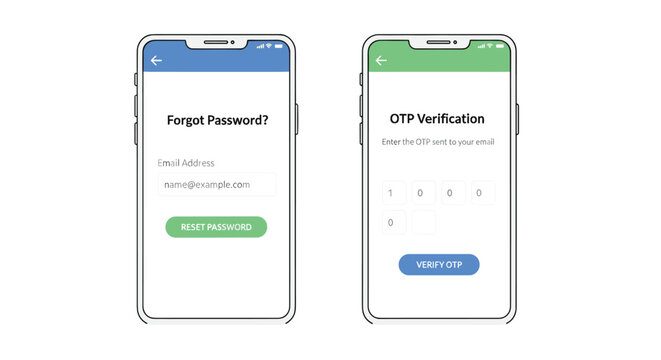 A flat illustration displays two smartphone screens, one for Forgot Password? and another for OTP Verification, side-by-side on a white background.