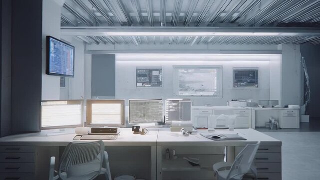 Control room featuring multiple computer workstations displaying vital data and analytics, reflecting operations management and digital infrastructure
